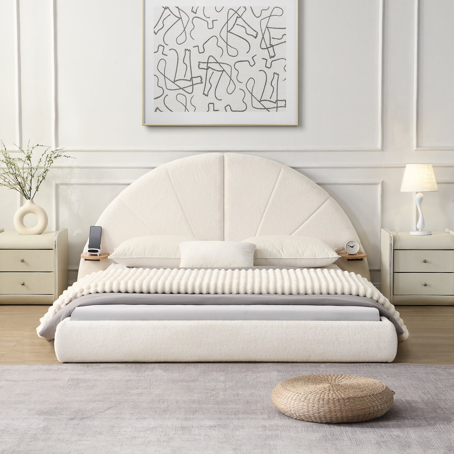 Nylorith Modern Nordic Design Unique Arched Boucle Bed with Small Table,Queen