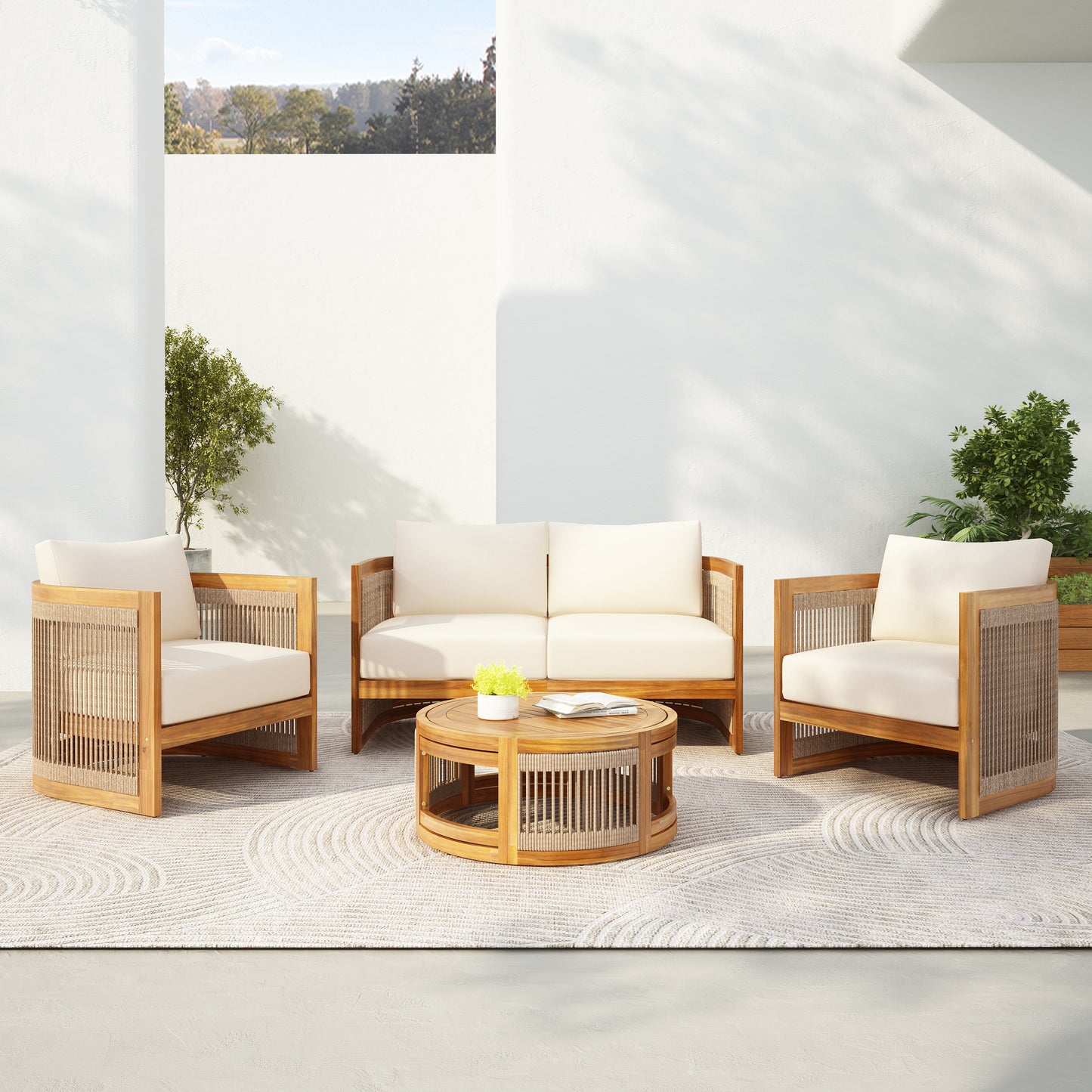 Vireo 4-Piece Patio Seating Group 2 Chairs, Loveseat & Table Acacia Wood Outdoor Furniture Set