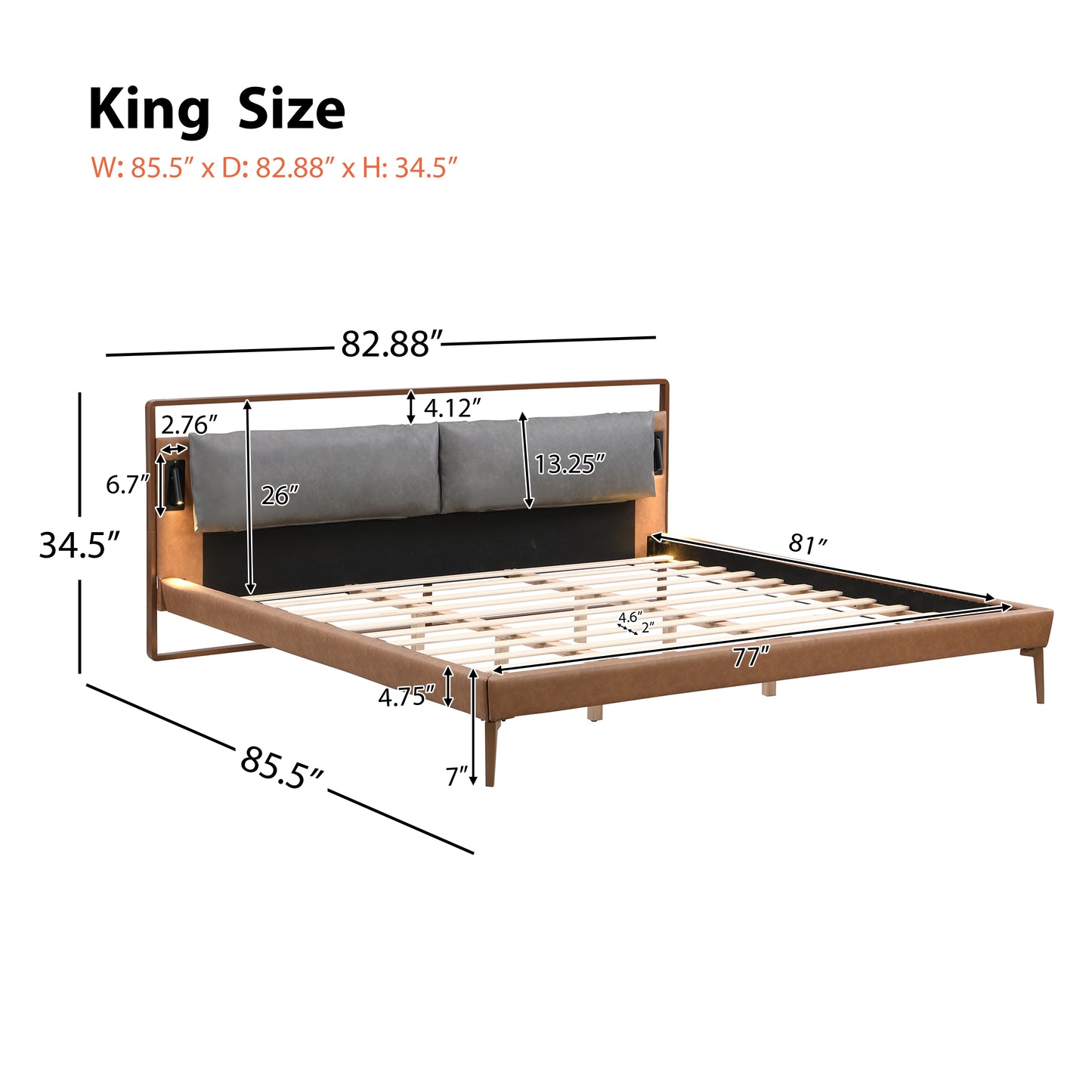 Mireva Brown&Gray Leather King Bed with 2pcs Night Lights