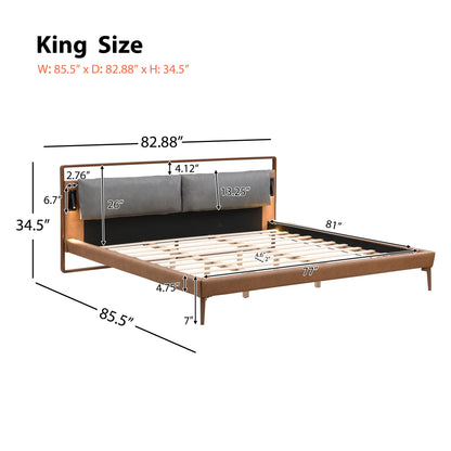 Mireva Brown&Gray Leather King Bed with 2pcs Night Lights