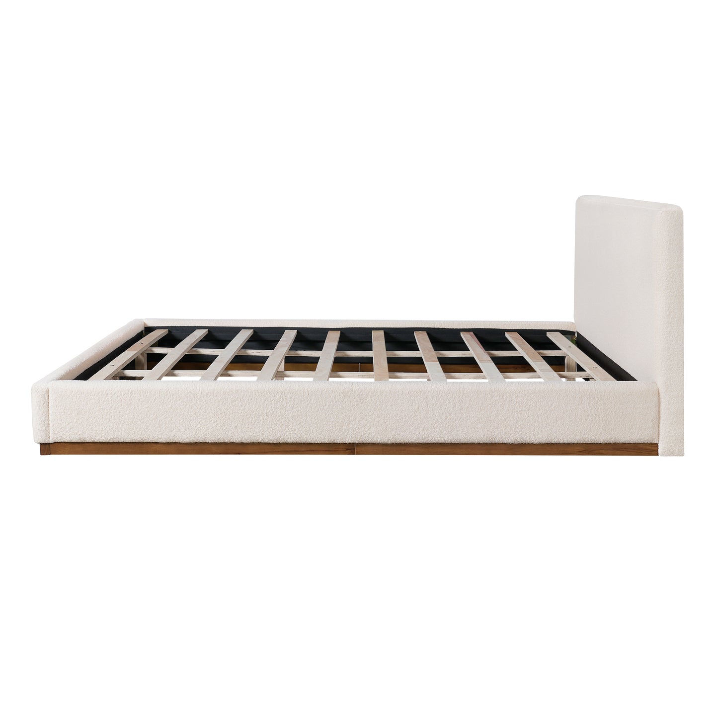 Tulae Elegant White Fabric Upholstered Bed, Wood Grain Textured,Solid Wood Base Frame