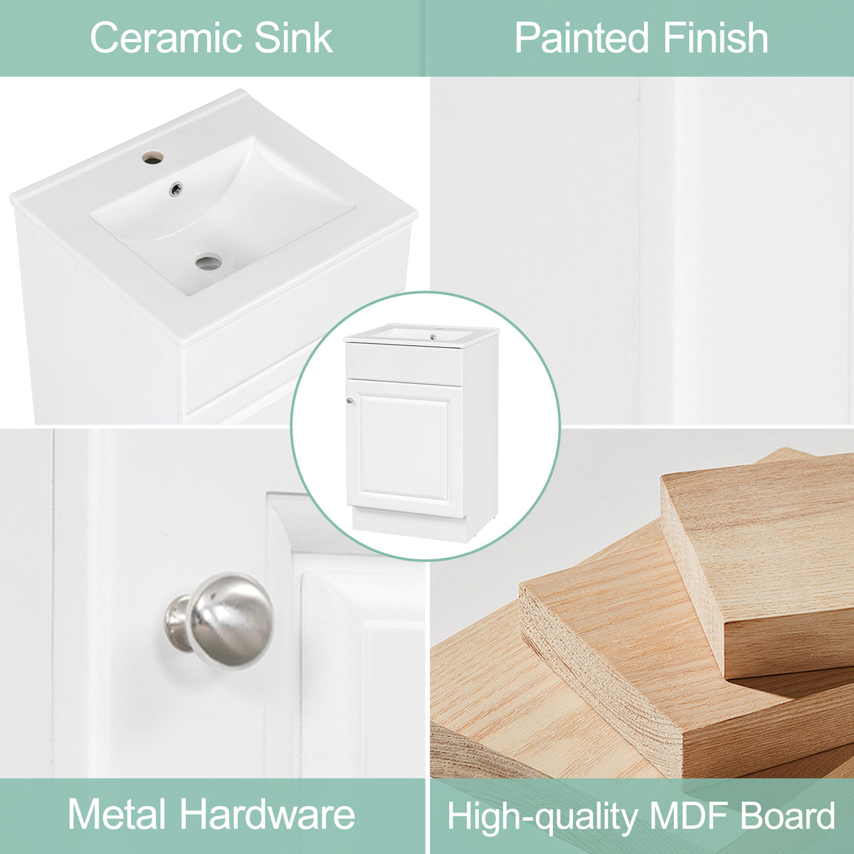 Effervescent Vanes Wood Frame 20" Bathroom Vanity with Ceramic Sink, Cabinet with Soft-Closing Door Shelf and Adjustable Shelf, Open Back, Metal Hardware, Storage/Organizer, White