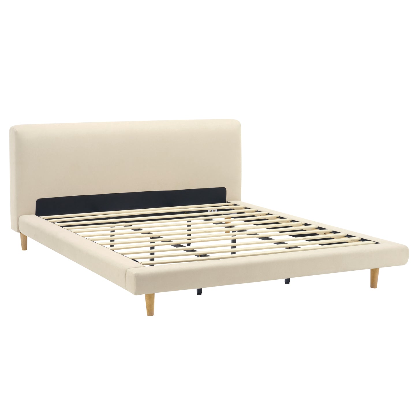 Hereward Beige Chunky Fabric King Bed Frame – Plush Textured Upholstery with Solid Rubberwood Legs, 800lbs Capacity