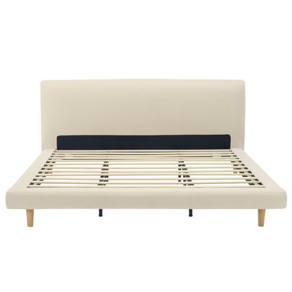 Hereward Beige Chunky Fabric King Bed Frame – Plush Textured Upholstery with Solid Rubberwood Legs, 800lbs Capacity