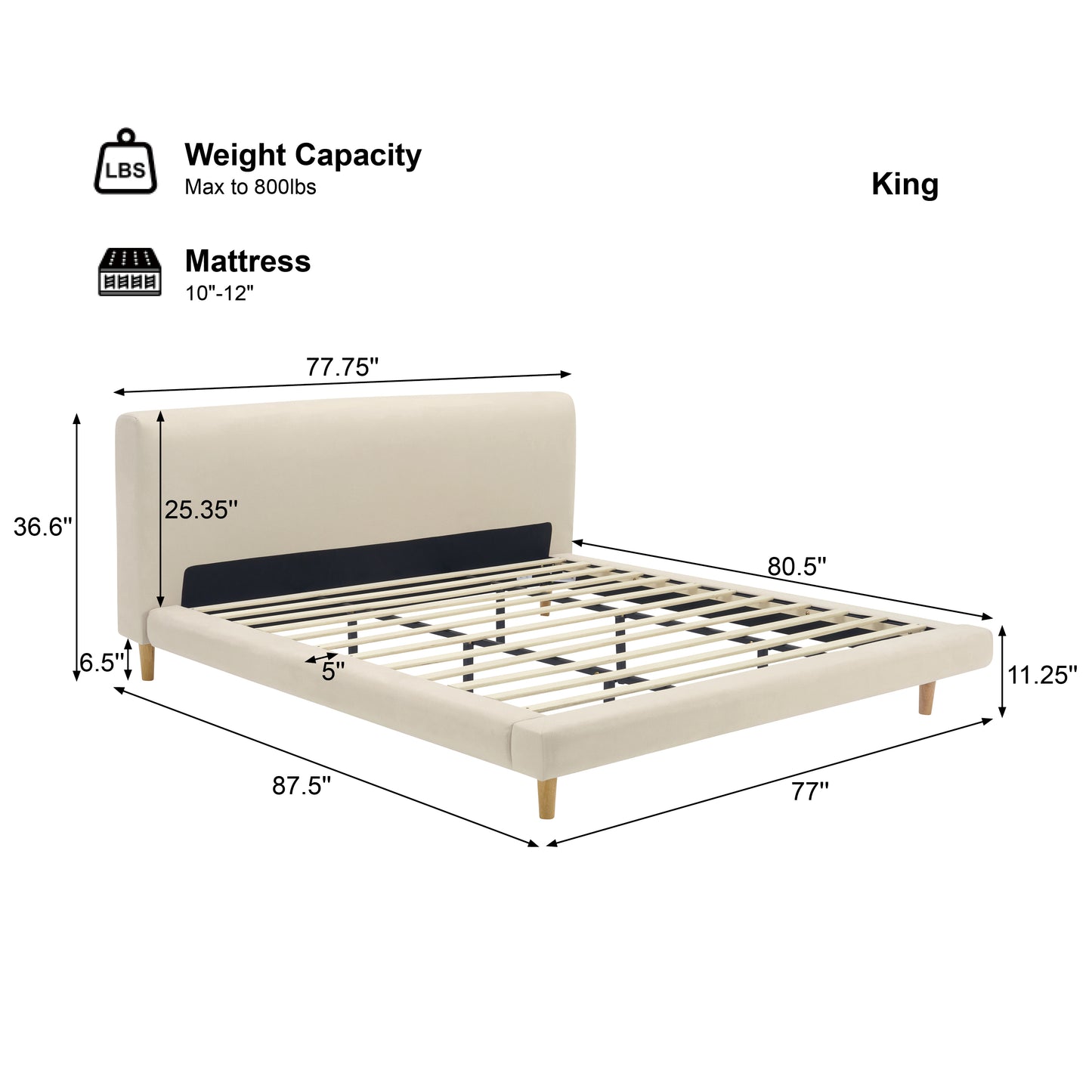 Hereward Beige Chunky Fabric King Bed Frame – Plush Textured Upholstery with Solid Rubberwood Legs, 800lbs Capacity