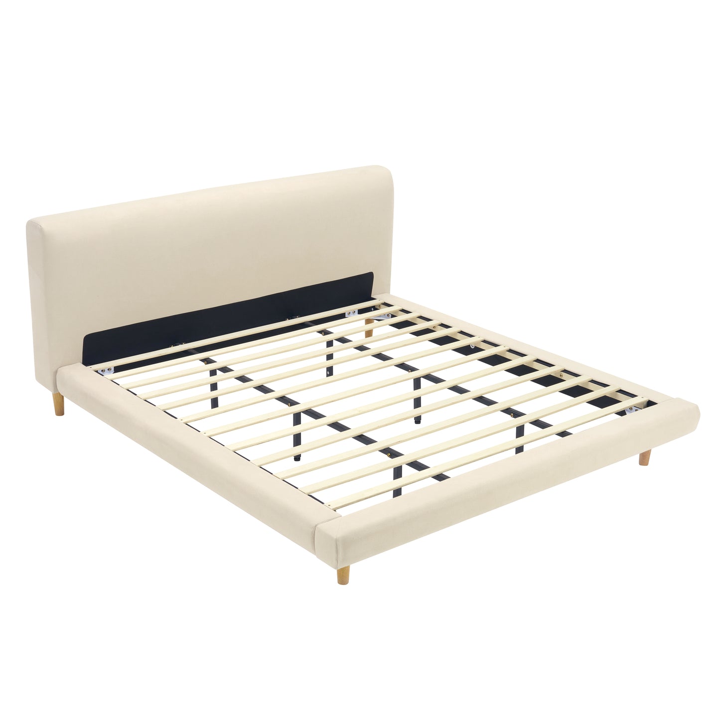 Hereward Beige Chunky Fabric King Bed Frame – Plush Textured Upholstery with Solid Rubberwood Legs, 800lbs Capacity
