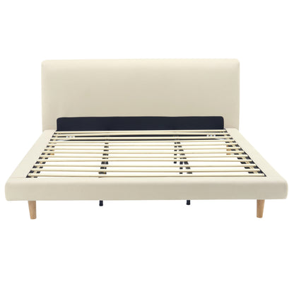 Hereward Beige Chunky Fabric King Bed Frame – Plush Textured Upholstery with Solid Rubberwood Legs, 800lbs Capacity