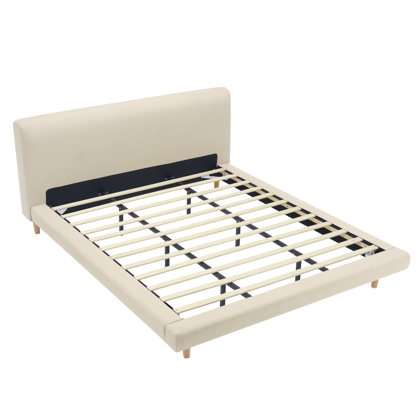 Hereward Beige Chunky Fabric King Bed Frame – Plush Textured Upholstery with Solid Rubberwood Legs, 800lbs Capacity
