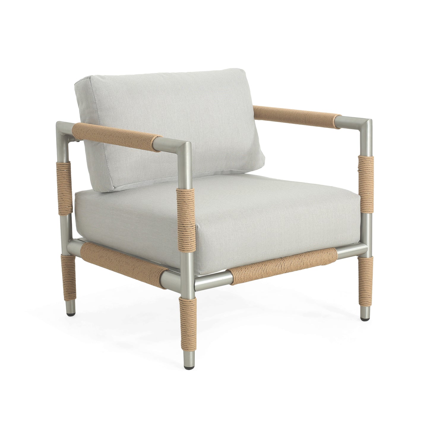 Eamon Outdoor Upholstered Thick Cushioned Arm Chair with Rattan Accents, Light Grey