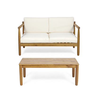 Benewah Outdoor Acacia Wood Loveseat and Coffee Table with Cushions