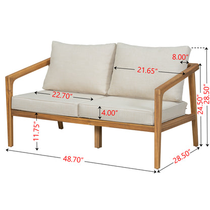 Novae Indoor & Outdoor Patio Loveseat with Cushions, Acacia Wood, Teak + Beige