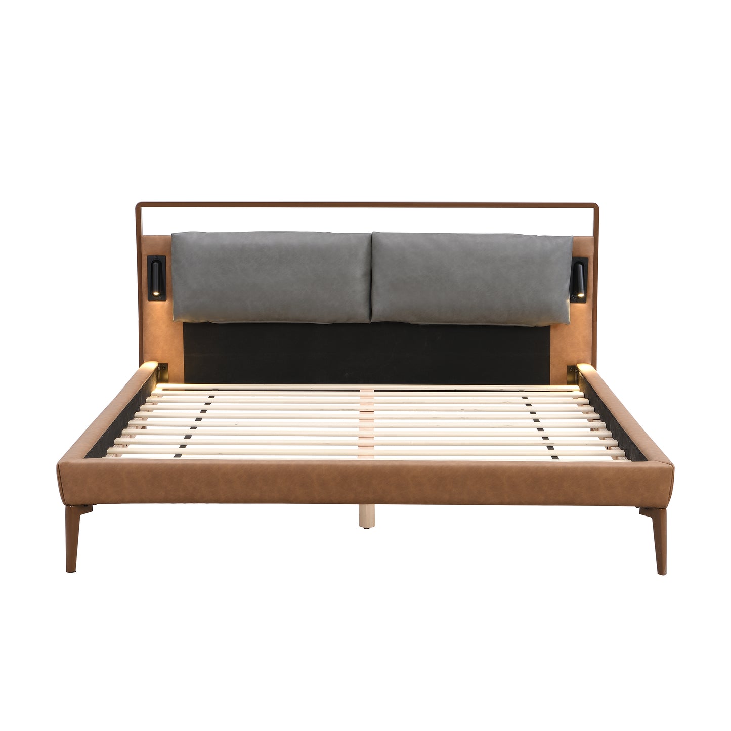 Mireva Brown&Gray Leather King Bed with 2pcs Night Lights
