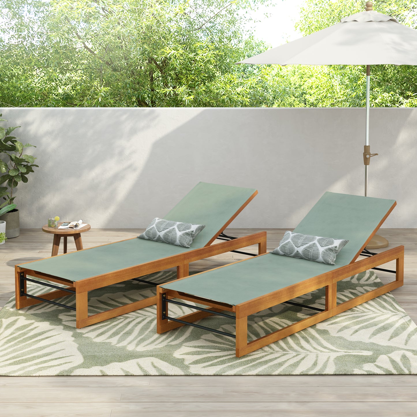 Leavitt Outdoor Mesh and Wood Adjustable Chaise Lounges, Set of 2