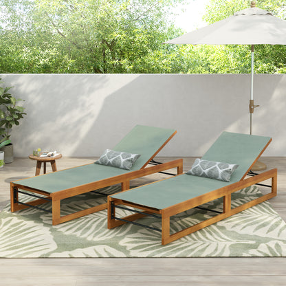 Leavitt Outdoor Mesh and Wood Adjustable Chaise Lounges, Set of 2