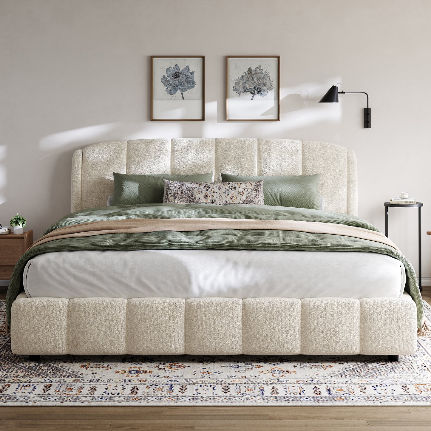 Florian Platform Bed, Soft Boucle Fabric Upholstered Platform bed with Curve-Shaped Design Headboard