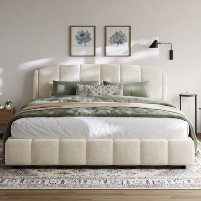 Florian Platform Bed, Soft Boucle Fabric Upholstered Platform bed with Curve-Shaped Design Headboard