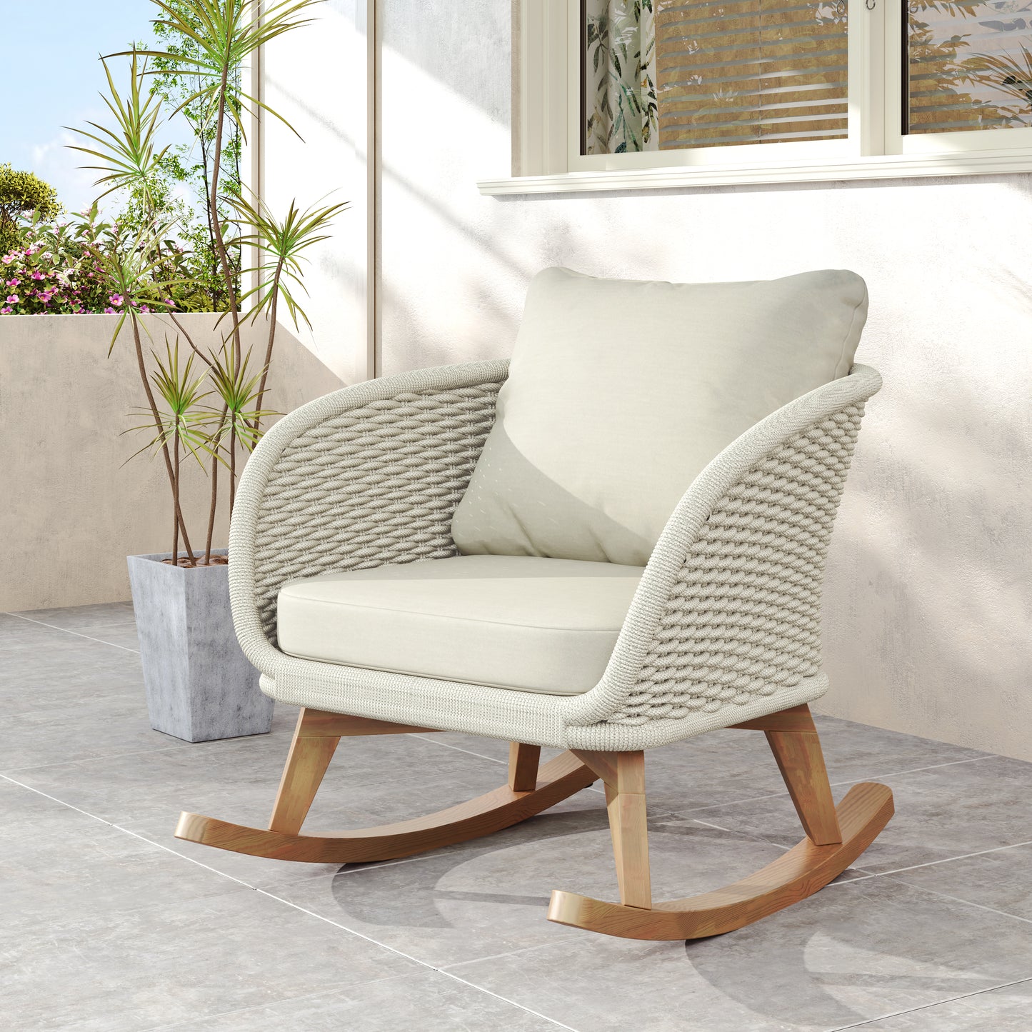 Elarvasir Contemporary Minimalist Beige Wicker Rocking Chair with Soft Polyester Cushions