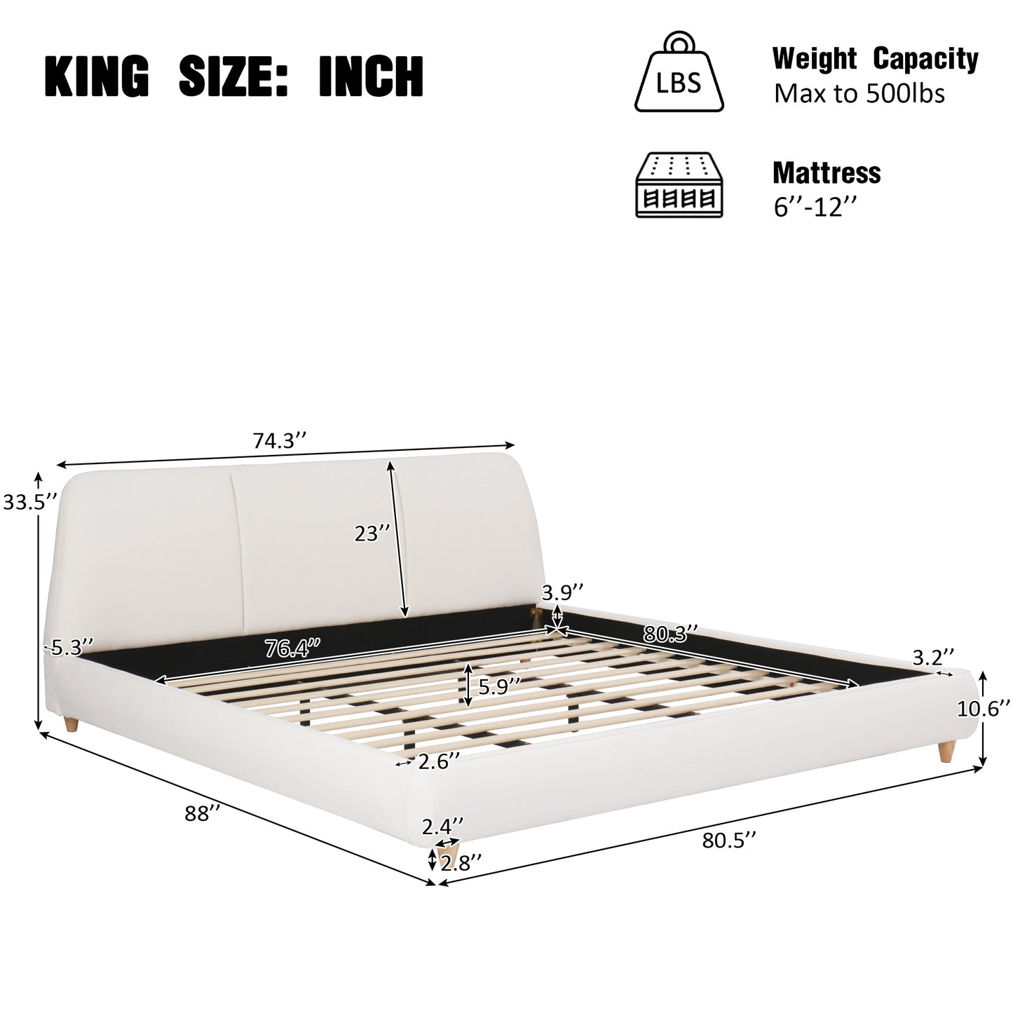 Jonah Modern Upholstered Bed Frame with Linen Fabric and Solid Wood Legs, White