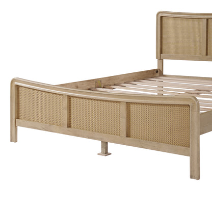 Ravosilor Curved Wooden Bed Frame with Nature Rattan Headboard&Footboard