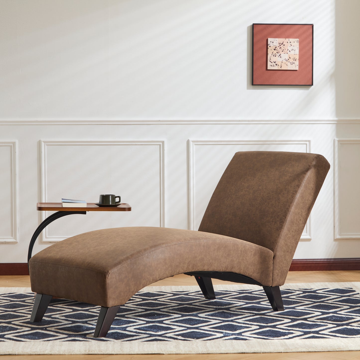 Finlal Modern PU Leather Chaise Lounge, Ergonomic Curved Indoor Lounger