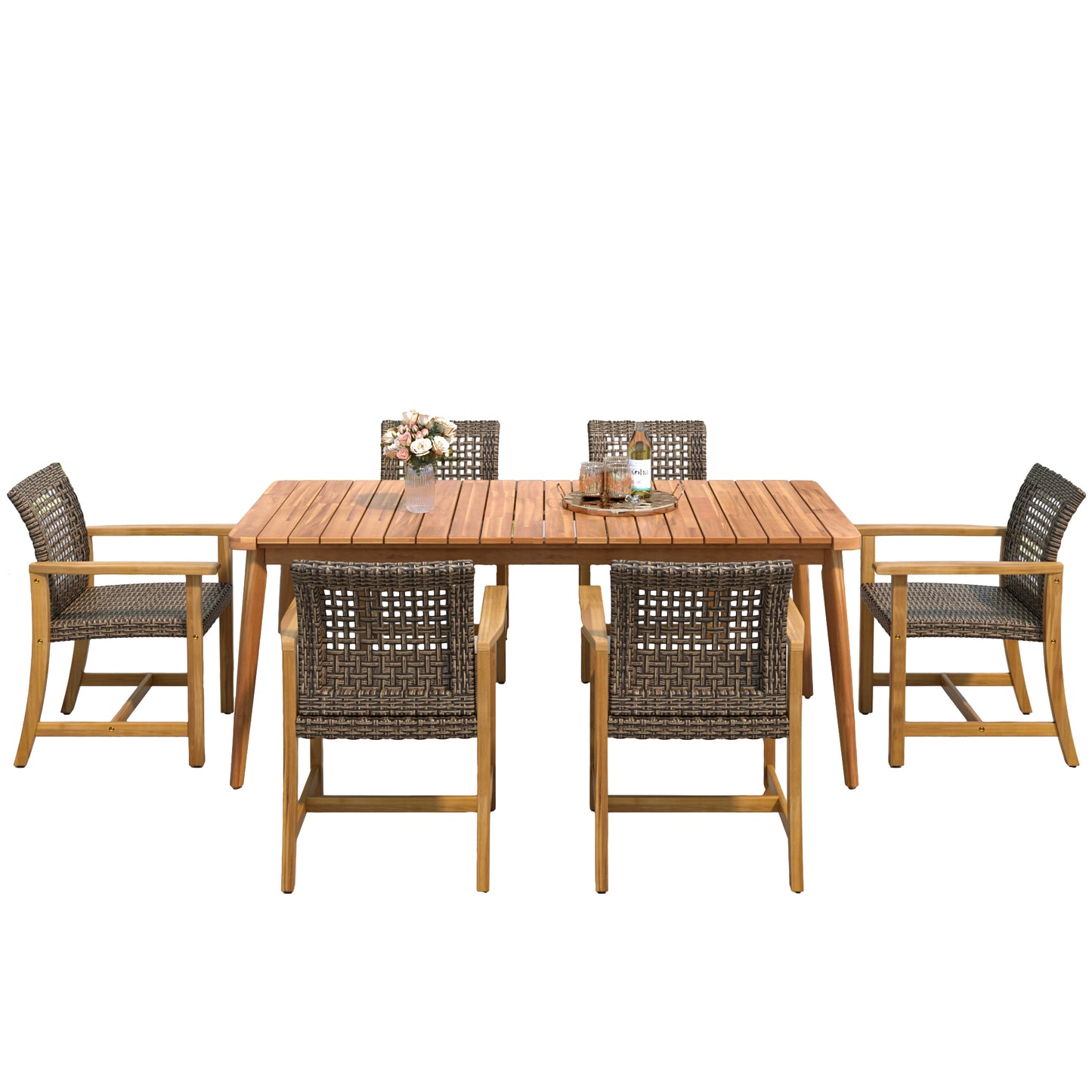 Hawk 7-Piece Patio Dining Set, 72" Slatted Table & 6 Acacia Wood & PE Rattan Chairs