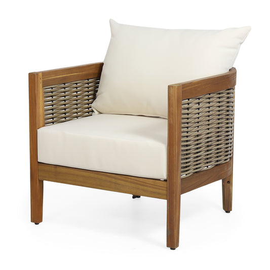 The Crowne Collection Outdoor Acacia Wood and Wicker Club Chair with Cushions, Teak, Mixed Brown, and Beige