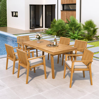 Somadorin Durable 7 - Piece Patio Furniture Set Acacia Wood Table and 6 Heavy-Duty Cushioned Chairs