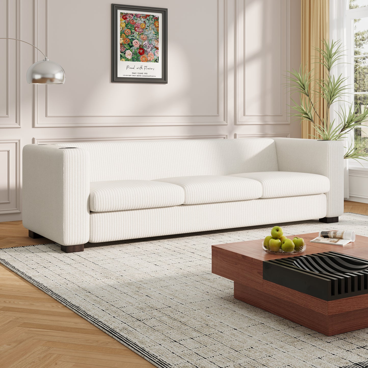 Modern three-seat Solid Wood sofa in striped finish with two cup holders