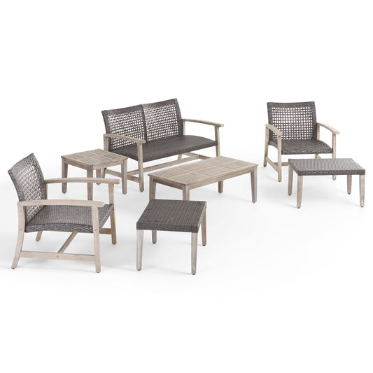 Savannah Outdoor 7 Piece Wood and Wicker Chat Set