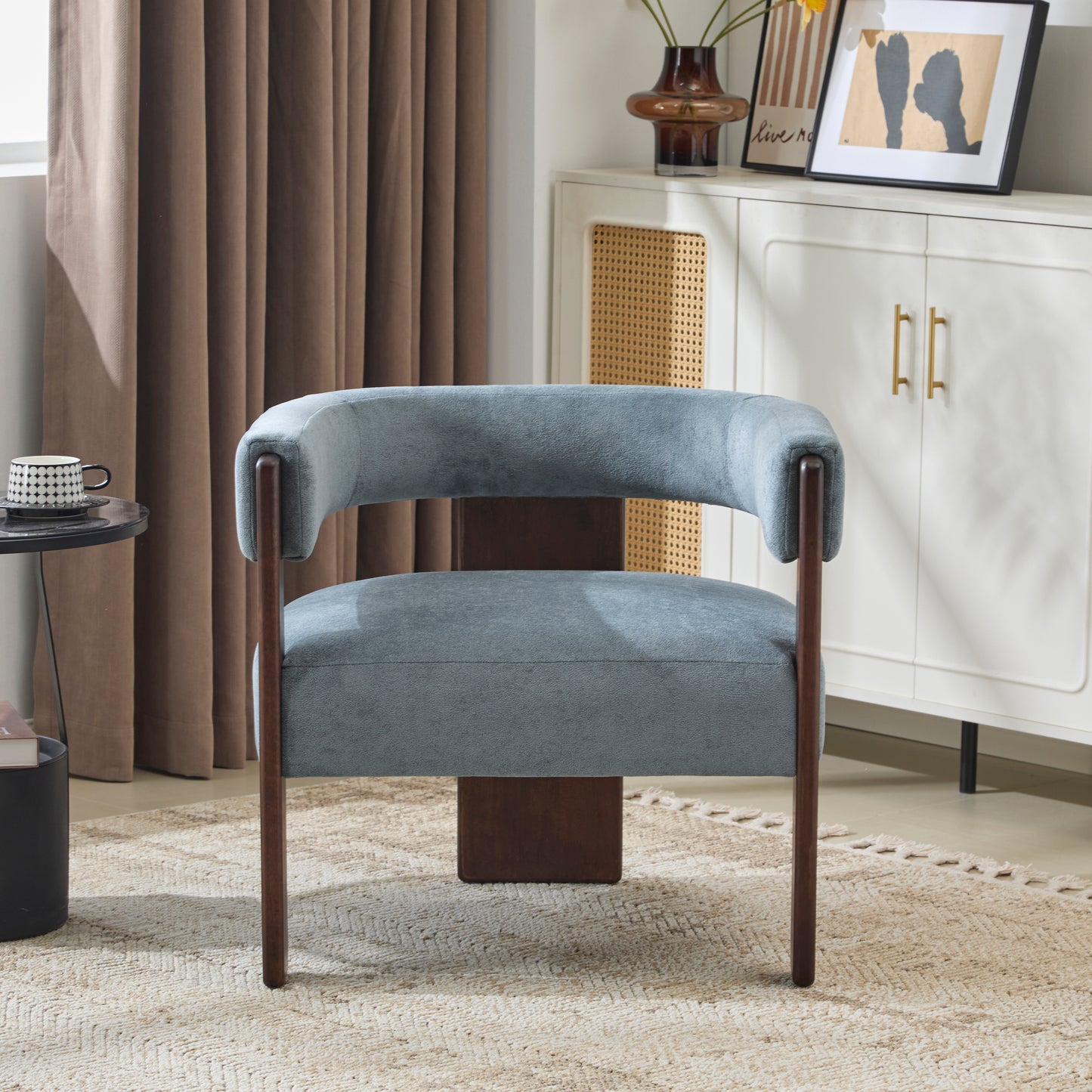 Noah Upholstered Boucle Accent Arm Chair, Rubberwood, Beige+walnut