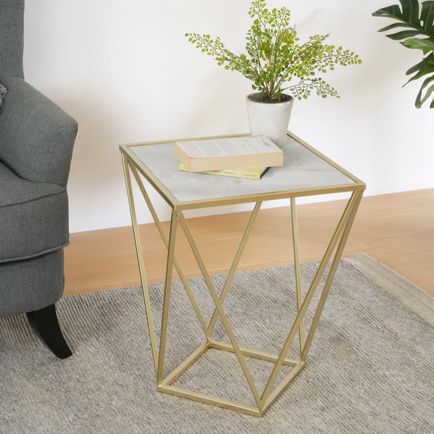 Calliopa Creative Simple Glass Side Table,Gold+White Color