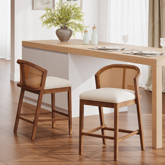 Alacrity Jane Rattan Counter Stools Set of 4, Counter Height Bar Stools for Bar Table, Rubberwood Frame with Upholstered Barstools, Wood Accent Chair with Footrest, Beige + Walnut