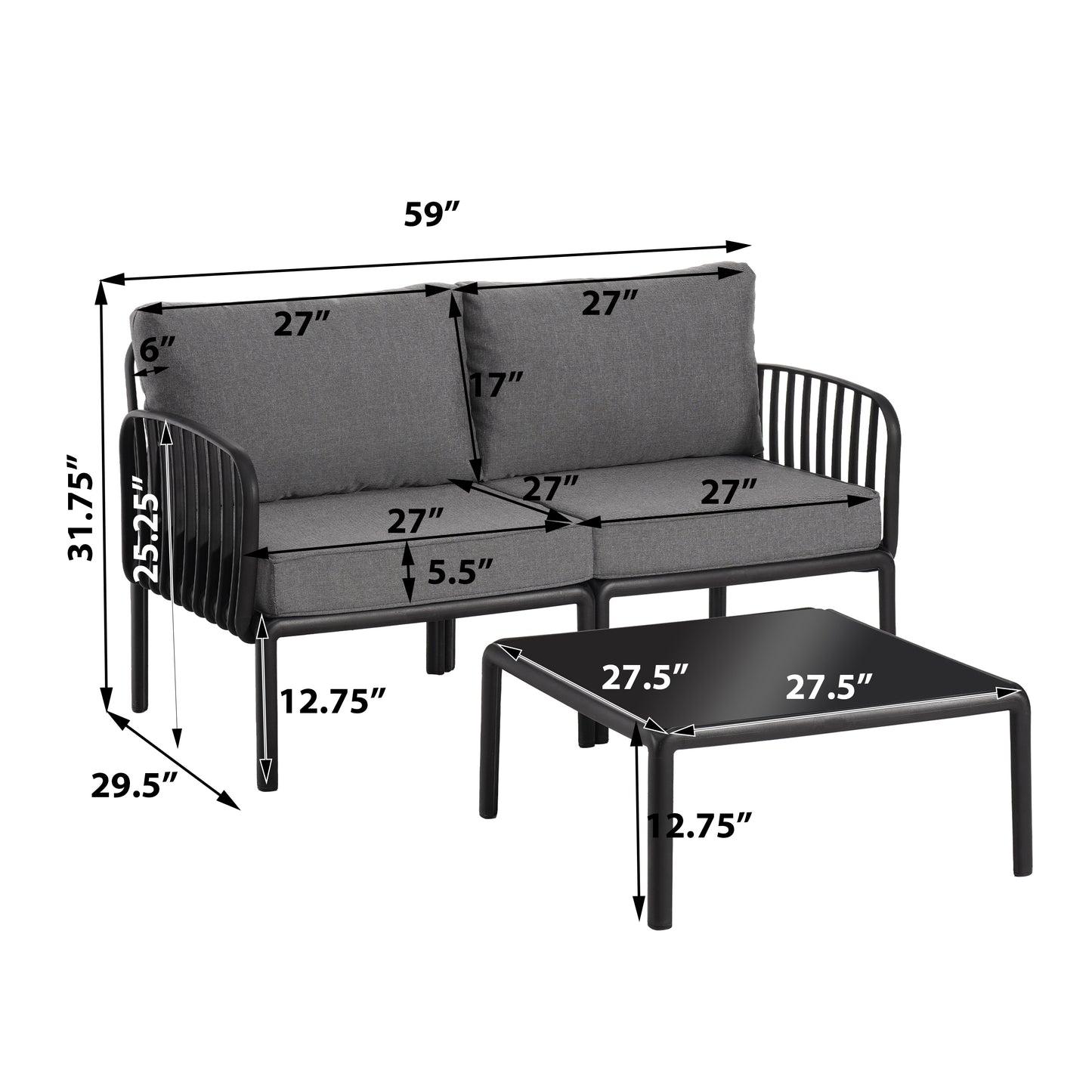 Felloras Modern Outdoor Patio Sectional Furniture Set with Two Square Coffee Table, Cushion