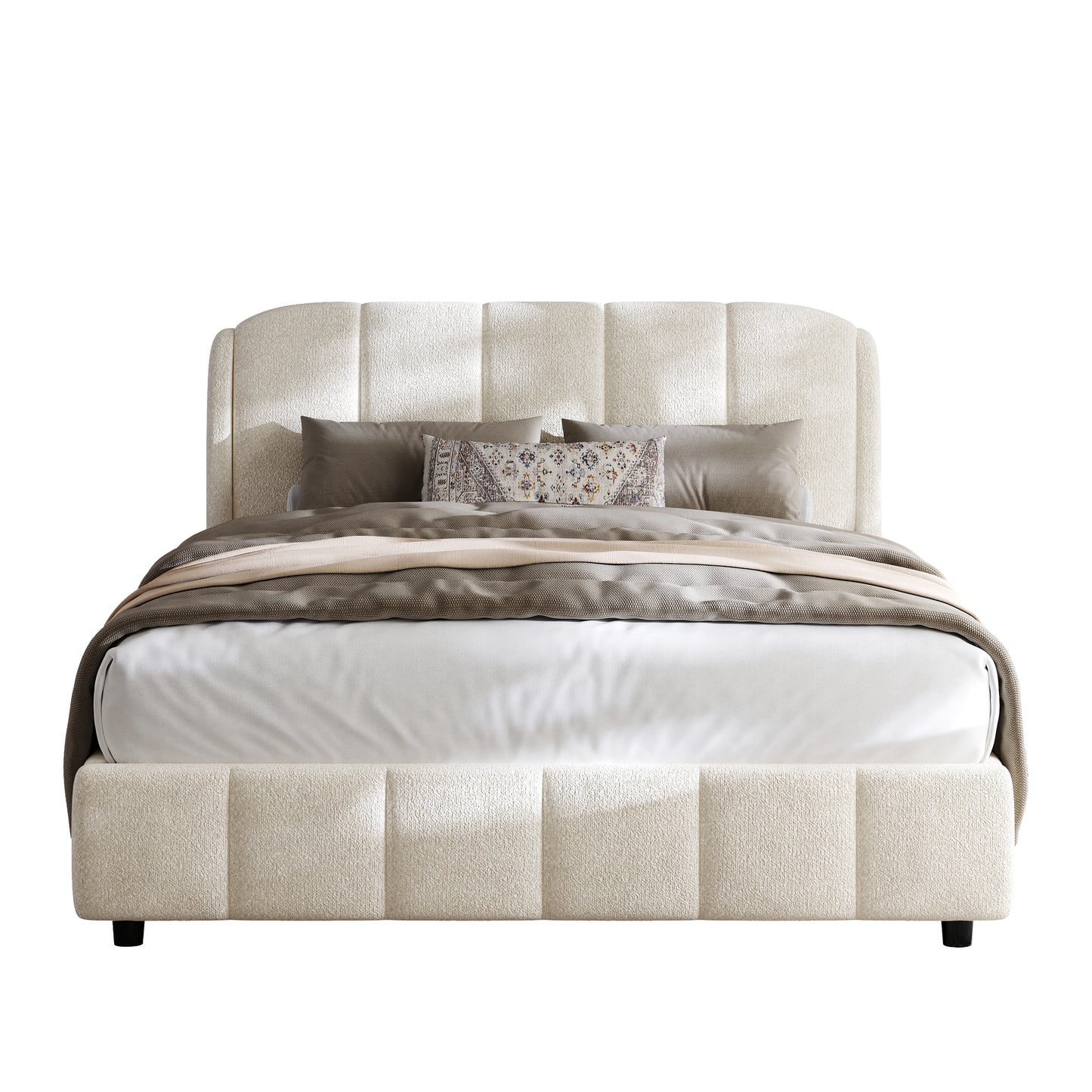 Florian Platform Bed, Soft Boucle Fabric Upholstered Platform bed with Curve-Shaped Design Headboard