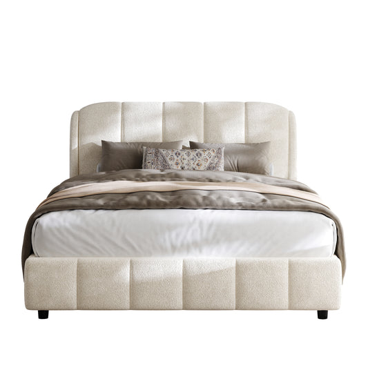 Florian Platform Bed, Soft Boucle Fabric Upholstered Platform bed with Curve-Shaped Design Headboard