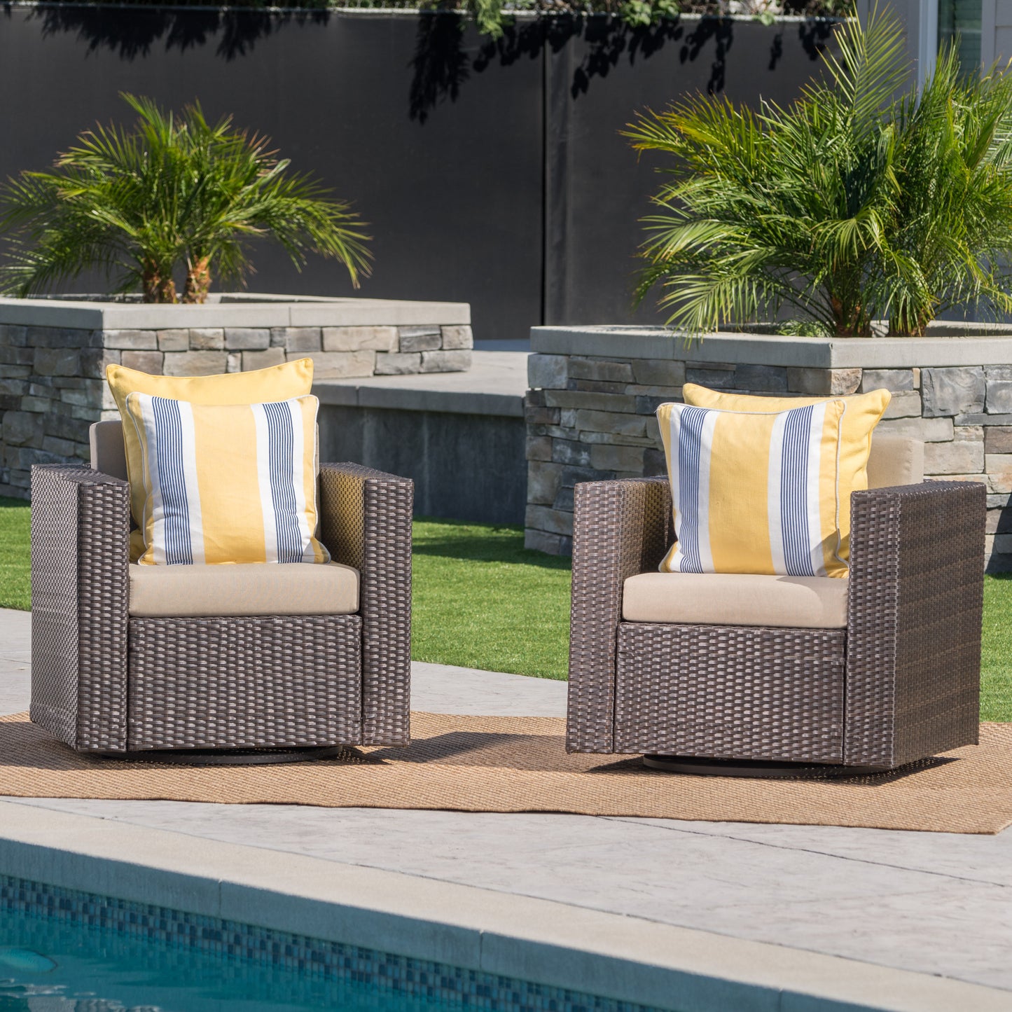 Venice Outdoor Wicker Swivel Club Chairs with Cushions, Set of 2