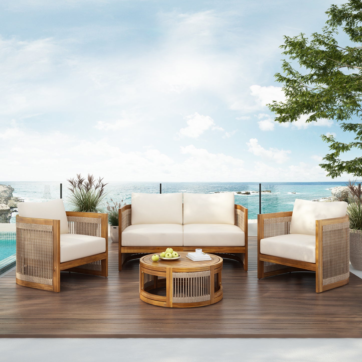 Vireo 4-Piece Patio Seating Group 2 Chairs, Loveseat & Table Acacia Wood Outdoor Furniture Set