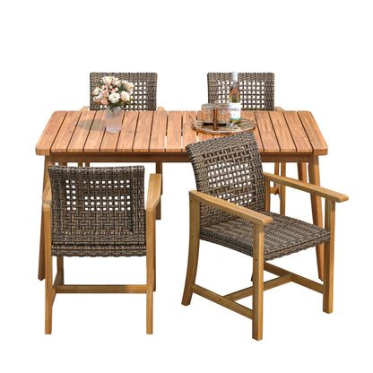 Hawk 5-Piece Patio Dining Set, 63" Slatted Table & 4 Acacia Wood & PE Rattan Chairs