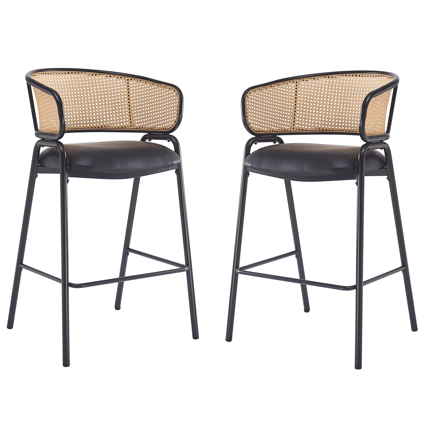 Eathan Indoor Metal PU Leather Barstool, Wowen Rattan Backrest, Set of 2