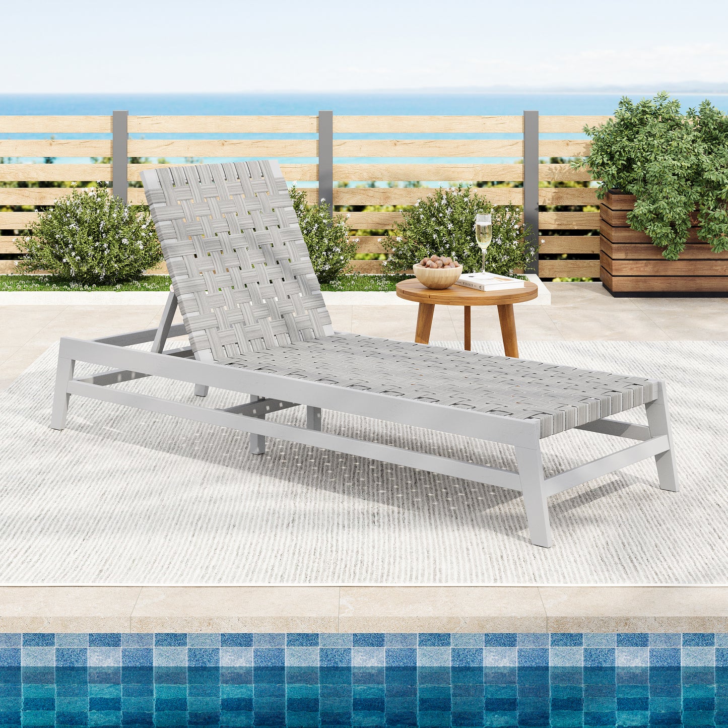 Rionaris Outdoor Acacia Wood Rope Chaise Lounge Adjustable 4-Position Recliner