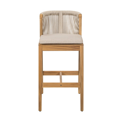 Ylisora Outdoor Barstool, Teak Finished Wood with Beige Cushion, Set of 2