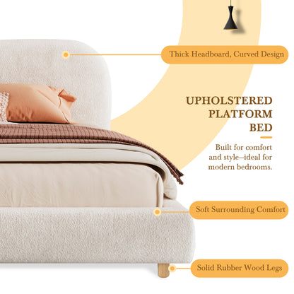 Selah Platform Bed, Boucle Fabric Upholstered Platform Bed,Curve-Shaped Design Headboard