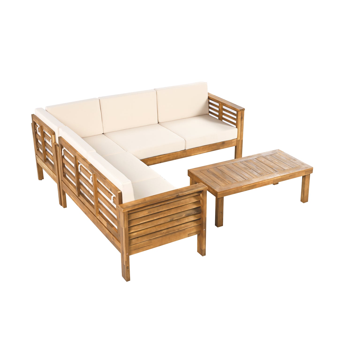 Fawne 4-Pieces Acacia Wood Patio Furniture Set, Outdoor Sectional Sofa Set with Coffee Table, 5 Seats L Shape Sofa Set Deep Seating with Soft Cushion, for Garden, Backyard Porch Balcony, Teak & Cream