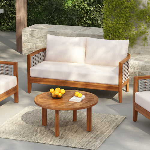 ThruBeam 2 Pieces Acacia Wood Patio Furniture Set, Loveseat with Woven Rope Table
