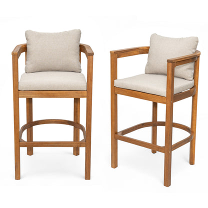 Abacoa Outdoor Barstool,Acacia Wood Finish with Beige Cushion, Set of 2