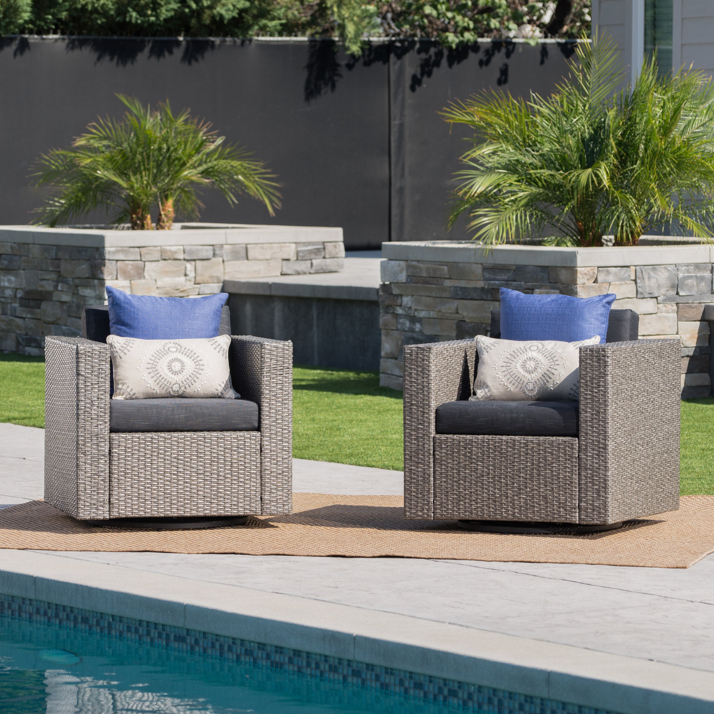 Venice Outdoor Wicker Swivel Club Chairs with Cushions GDFStudio
