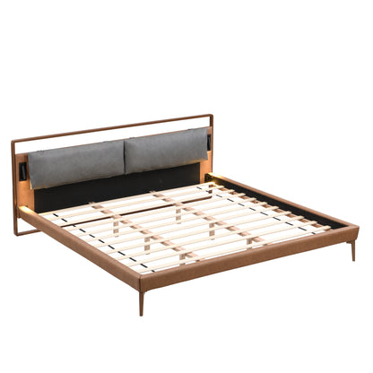 Mireva Brown&Gray Leather King Bed with 2pcs Night Lights