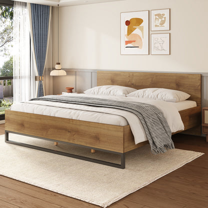 Ketura Two-Tone Aesthetic Engineered Wood Bed Frame in Natural Wood Grain and Matte Black Metal Leg