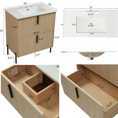 Peaken 30" Bathroom Vanity with Ceramic Sink and Full-Extension Drawers, Soft Close Undermount Drawer Slides