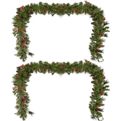 Leif 9’X10’’Glitter Bristle Mixed Garland with 15 Red Berry and 15 Pine Cones and with 50 Warm White LED Lights with Timer-Battery Operated-Outdoor，180 Tips